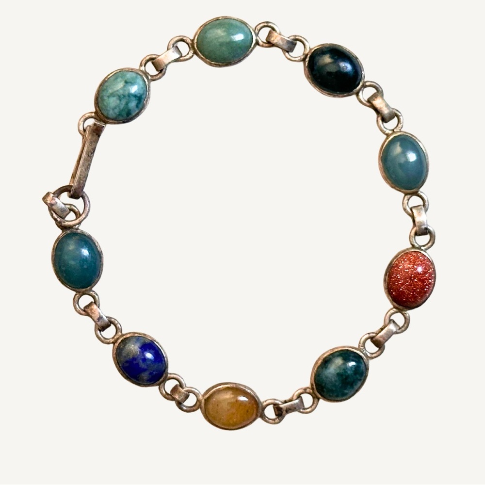 Antique Sterling Multi-Gemstone Link Bracelet - Jade, Onyx, Sunstone
